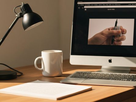 책상 위에 놓인 학위모자, 졸업장, 펜, 노트북이 있는 공부 환경