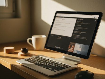 흰색 우유병과 신선한 과일이 담긴 나무 쟁반, 배경에 학용품과 책가방이 놓인 책상