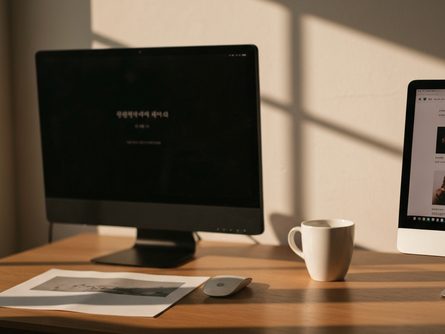 신선한 유기농 채소와 무농약 농산물이 담긴 나무 바구니와 급식용 스테인리스 식판이 놓인 학교 급식실 테이블