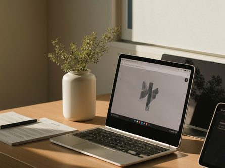 나무 책상 위에 놓인 녹색 식물 화분과 재활용 마크가 새겨진 종이 가방, 그 옆에 펼쳐진 환경교육 안내 책자