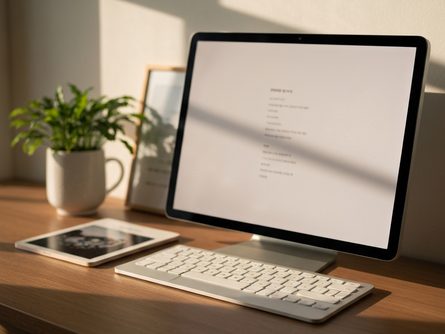 나무 책상 위에 펼쳐진 책들과 독서용 안경, 메모지와 펜이 놓인 모습