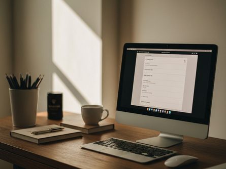 책이 가득한 서가와 독서 공간이 있는 이동 차량 내부, 책상 위에 놓인 도서 대출 카드와 스탬프