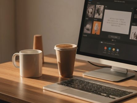 나무 책상 위에 펼쳐진 신청서 서류, 볼펜, 안경, 스마트폰이 놓여 있는 모습