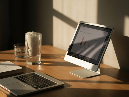 나무 책상 위에 펼쳐진 학습 교재와 필기구, 독서용 안경, 노트북이 놓여 있는 모습