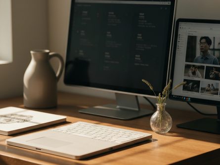 흰색 책상 위에 놓인 대학 교과서, 노트북, 계산기, 그리고 학자금 신청서 서류