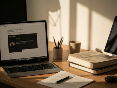 책상 위에 놓인 노트북과 책, 펜, 장학금 신청서 서류 클립보드