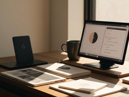 햇살 드는 거실 한켠, 소파 위에 놓인 대학교 교재 여러 권과 노트북, 연필, 노트가 펼쳐진 모습, 따뜻한 자연광