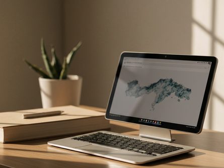 밝은 햇살이 드는 교실에서 책을 펼쳐놓고 공부하는 학생들과 옆에 놓인 노트북, 볼펜, 교재들