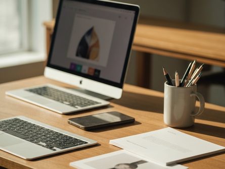 흰색 테이블 위에 놓인 장학금 신청서류, 펜, 계산기, 나무 화분이 있는 밝은 사무실 풍경