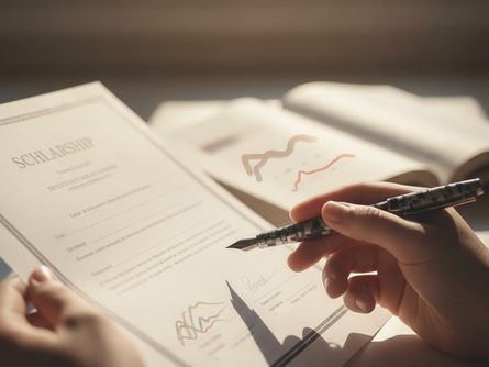 손으로 잡은 장학증서와 펜 클로즈업, 흐릿한 책상 배경