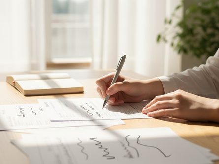 밝은 햇살이 드는 책상 앞에서 손으로 펜을 잡고 서류를 작성하는 학생의 모습, 서류와 수첩이 책상에 놓여 있음