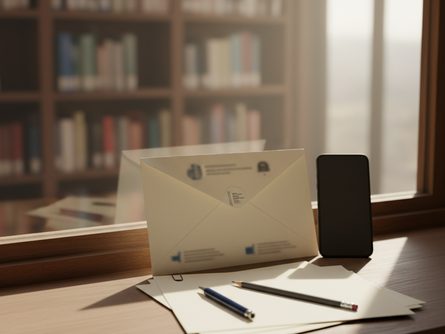 햇살이 비치는 창가에 놓인 대학 입학 서류 봉투와 필기구, 스마트폰, 배경에 흐릿한 책장