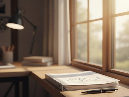 밝은 햇살이 비치는 창가에 놓인 장학금 신청서류 클리어파일과 볼펜, 흐릿한 책상 배경