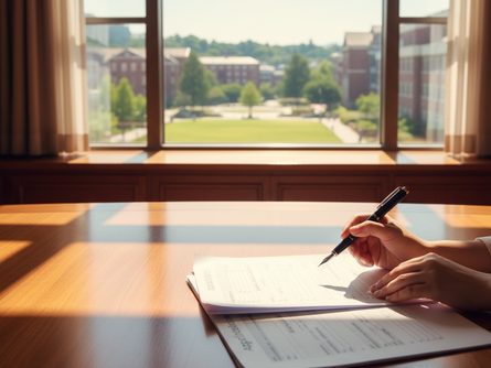 밝은 햇살이 들어오는 상담실에서 책상 앞에 앉아 서류를 검토하는 손과 펜, 창밖으로 보이는 대학교 캠퍼스 풍경