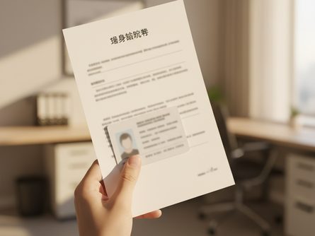 손으로 잡은 장애진단서와 신분증 클로즈업, 흐릿한 사무실 배경