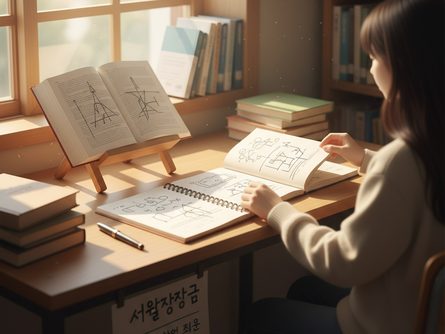 밝은 햇살이 드는 학교 도서관 한켠, 책을 읽고 있는 학생의 책상과 노트