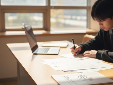 밝은 도서관 책상 앞에 앉아 장학금 신청서를 작성하는 대학생, 옆에는 펜과 노트북, 창밖으로 햇살이 비치는 장면
