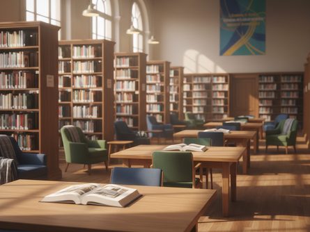 밝은 햇살이 드는 대학 도서관 내부, 책을 읽고 있는 학생들과 책장이 보이는 전경